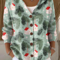 Women's Winter Christmas House Painting Art Print Casual Hooded Button Sweater