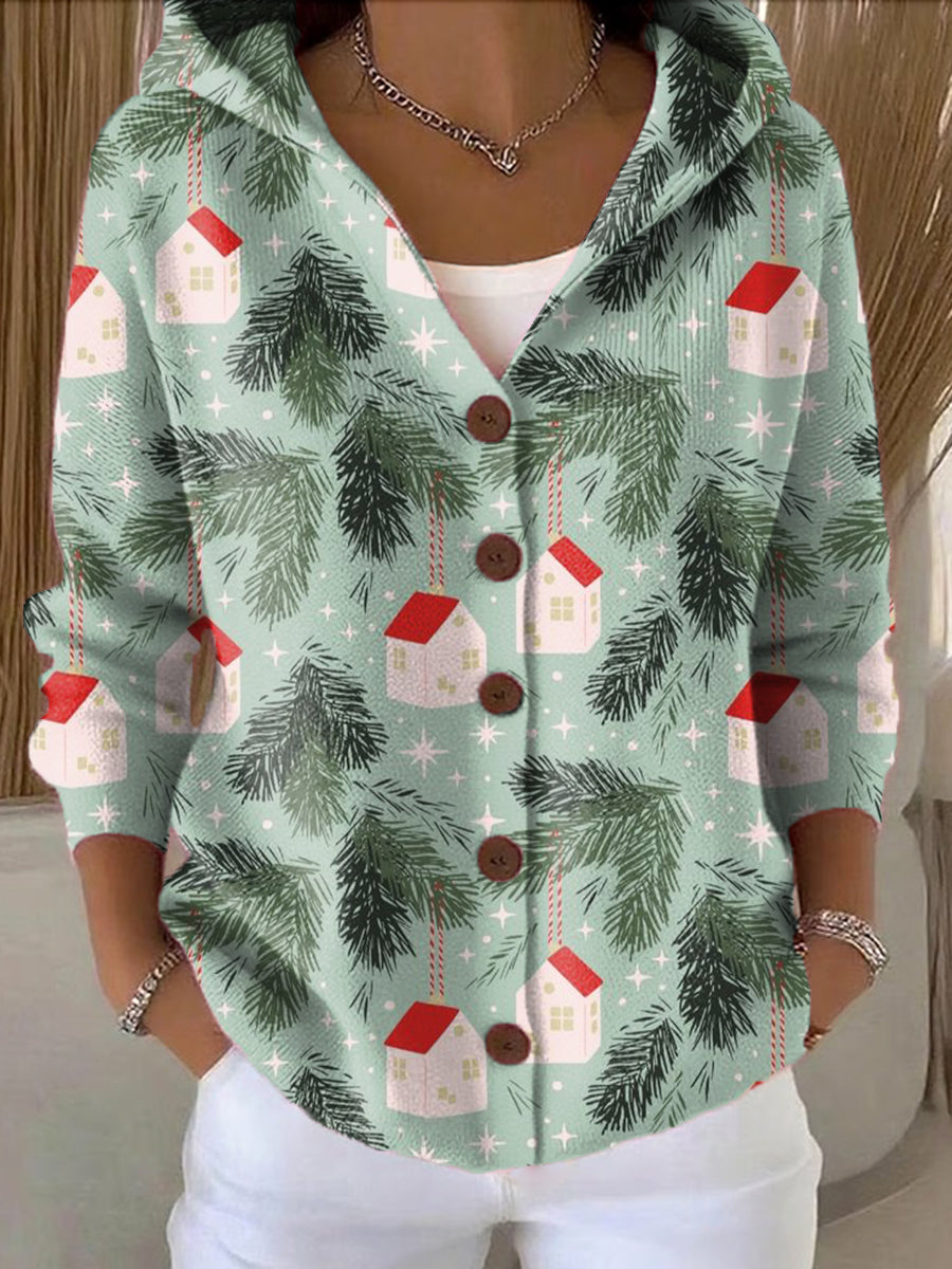 Women's Winter Christmas House Painting Art Print Casual Hooded Button Sweater