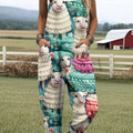 Women's Lovely Sheep Pattern Art Print Casual 100% Cotton Wide Leg Jumpsuit