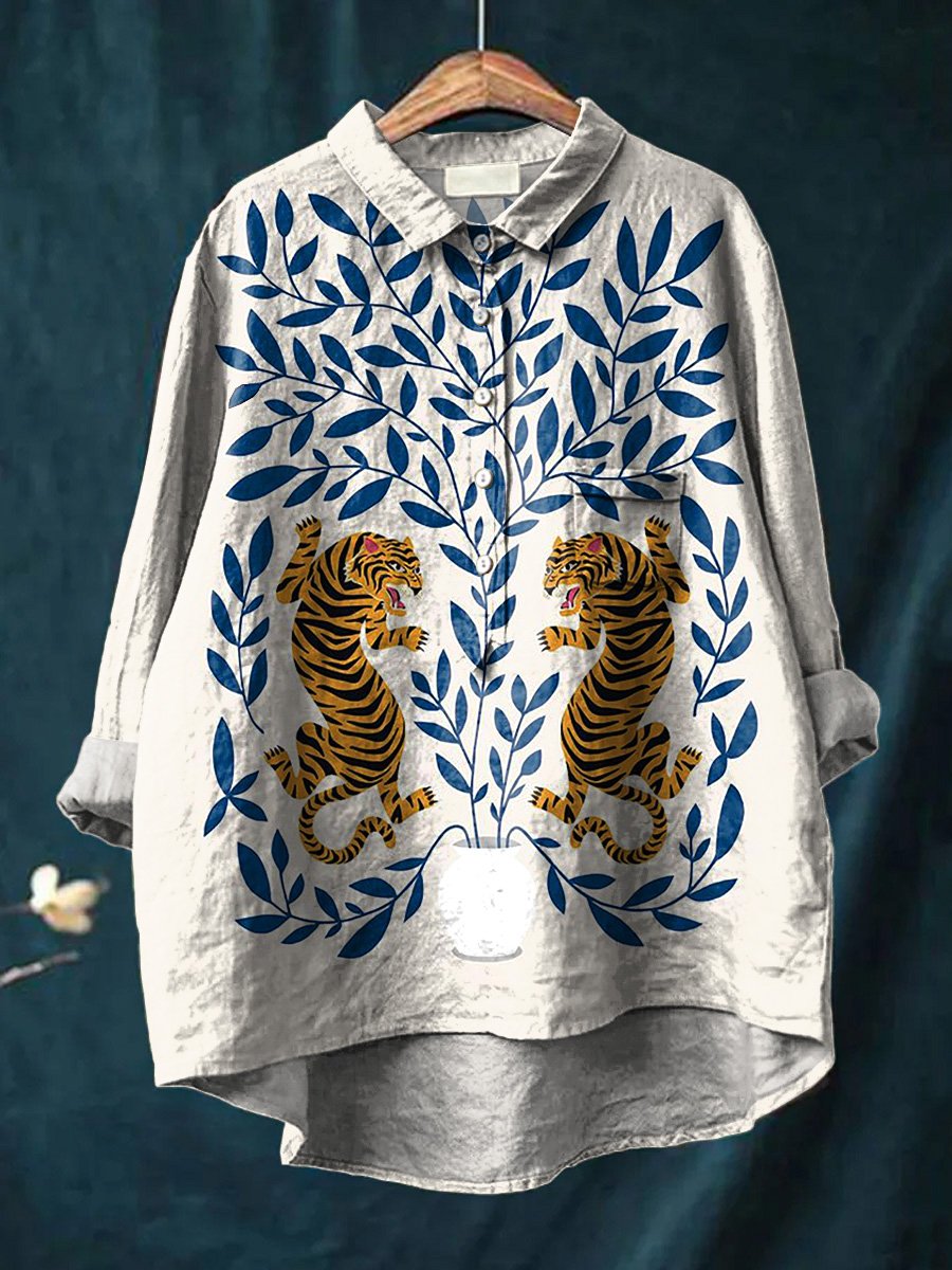 Tiger And Tree Symmetrical Graphic Printed Women's Casual Cotton And Linen Shirt