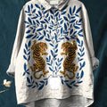 Tiger And Tree Symmetrical Graphic Printed Women's Casual Cotton And Linen Shirt