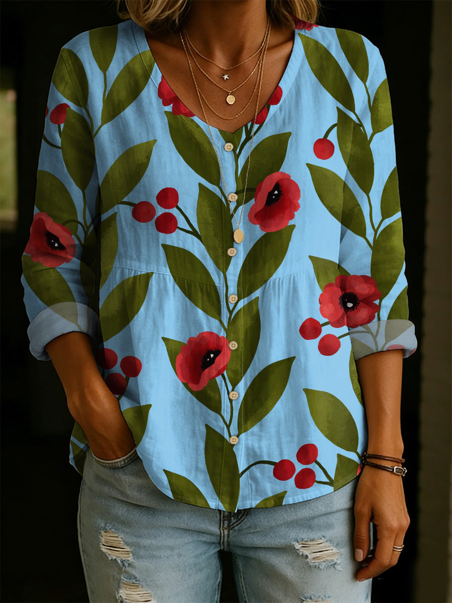 Women's Retro Floral Decorative Pattern Casual Cotton Linen Shirt
