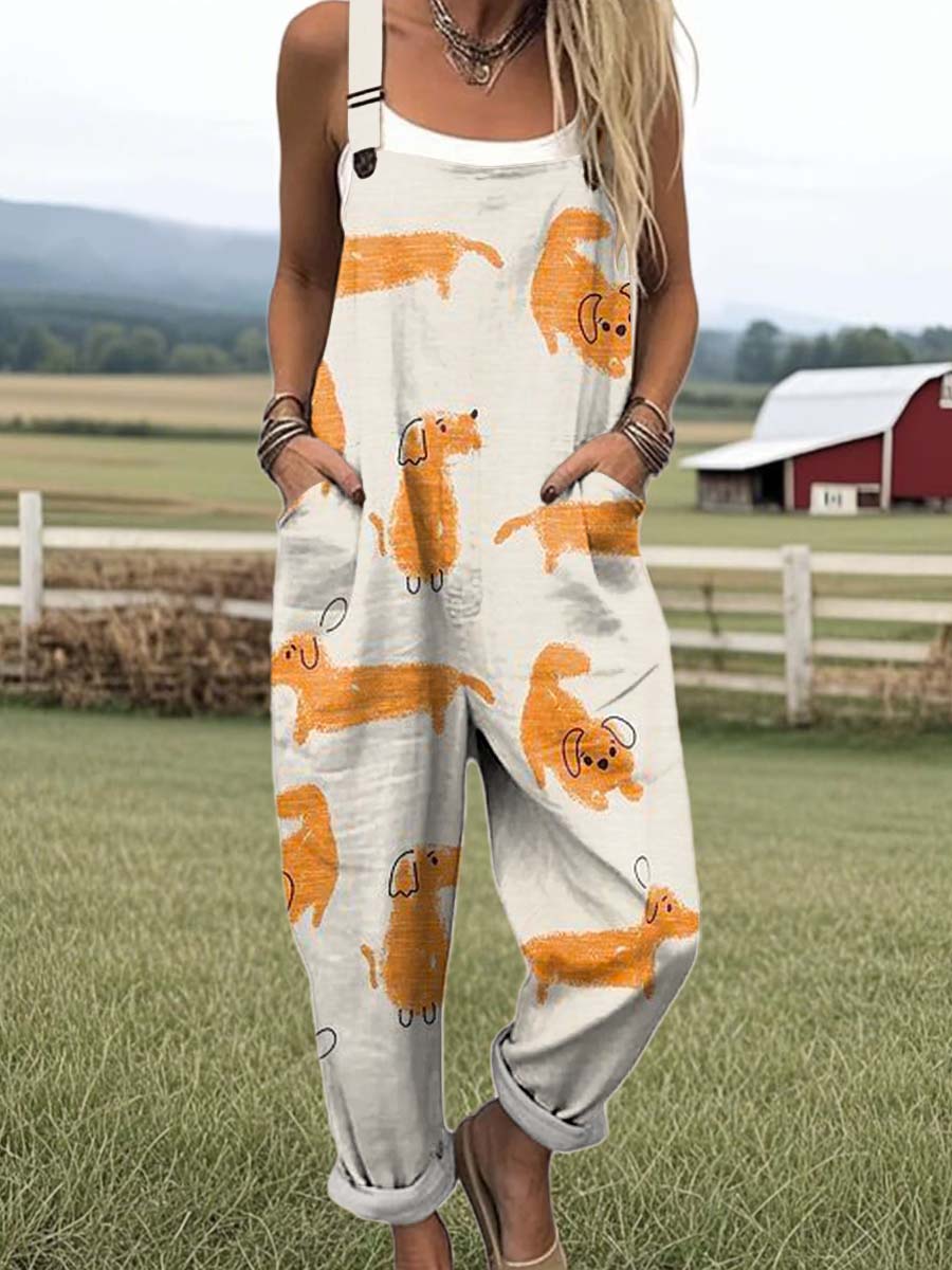 Women's Lovely Dogs Art Print Casual 100% Cotton Wide Leg Jumpsuit