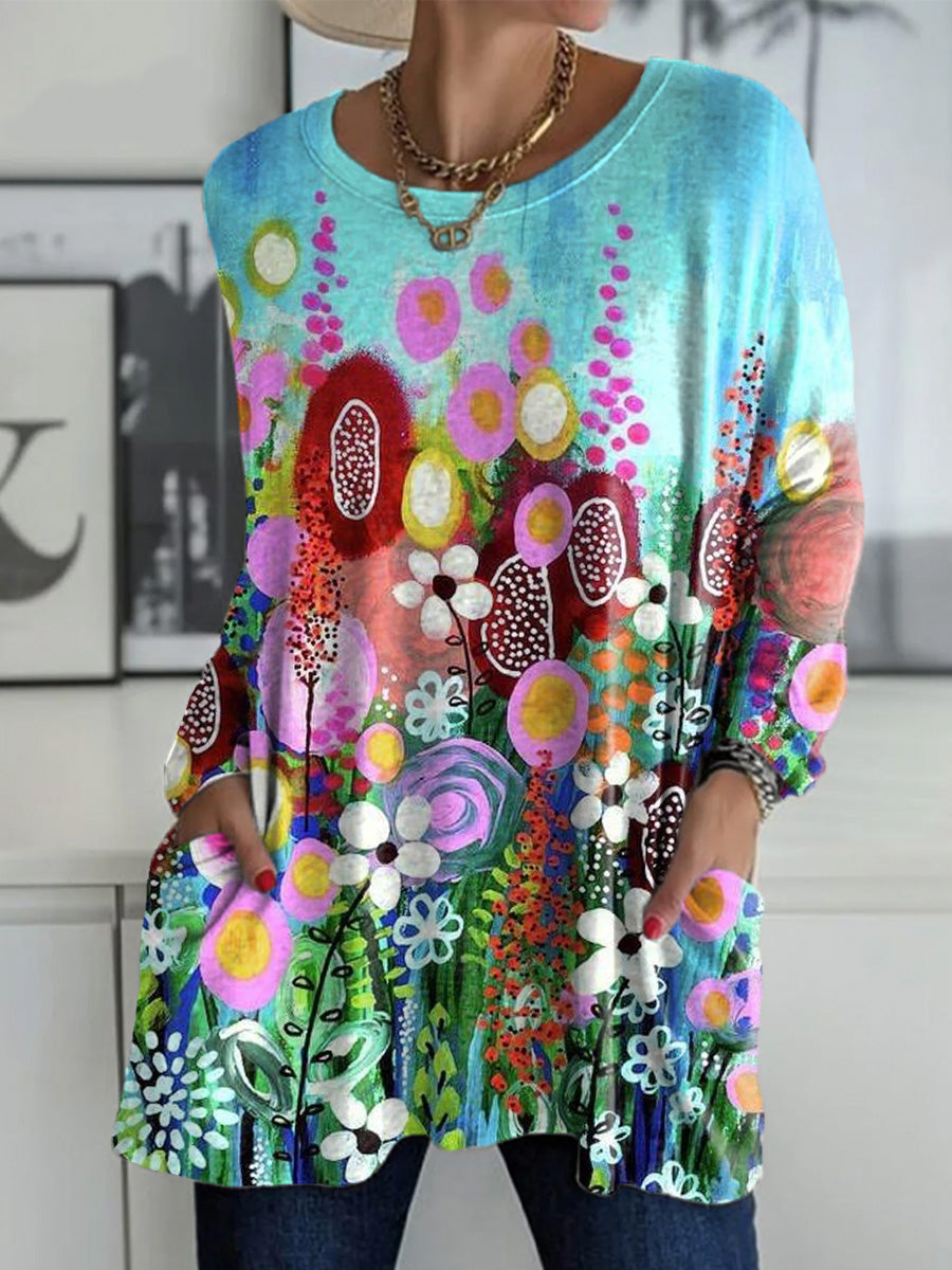 Women's Beautiful Abstract Colorful Floral Painting Art Print Casual Long Sleeve T-shirt