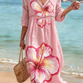 Women's Retro Color-block Floral Art Print Loose Cotton-linen Dress