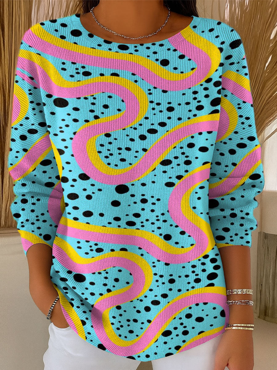 womens-contrast-polka-dot-lines-art-print-casual-pullover-sweater