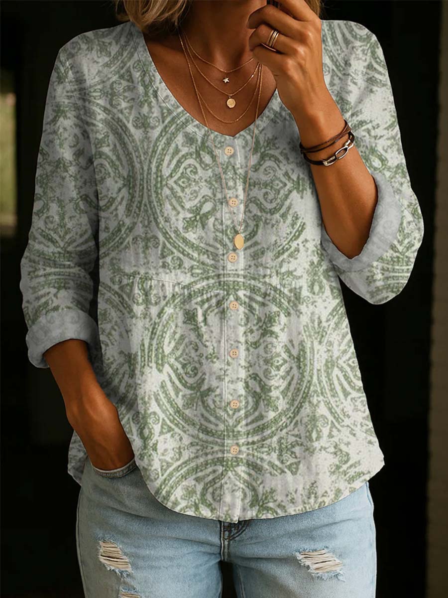 Women's Vintage Floral Pattern Art Print Casual Cotton Linen Shirt