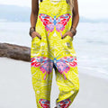 Women's Colourful Art Butterflies Print Casual 100% Cotton Wide Leg Jumpsuit