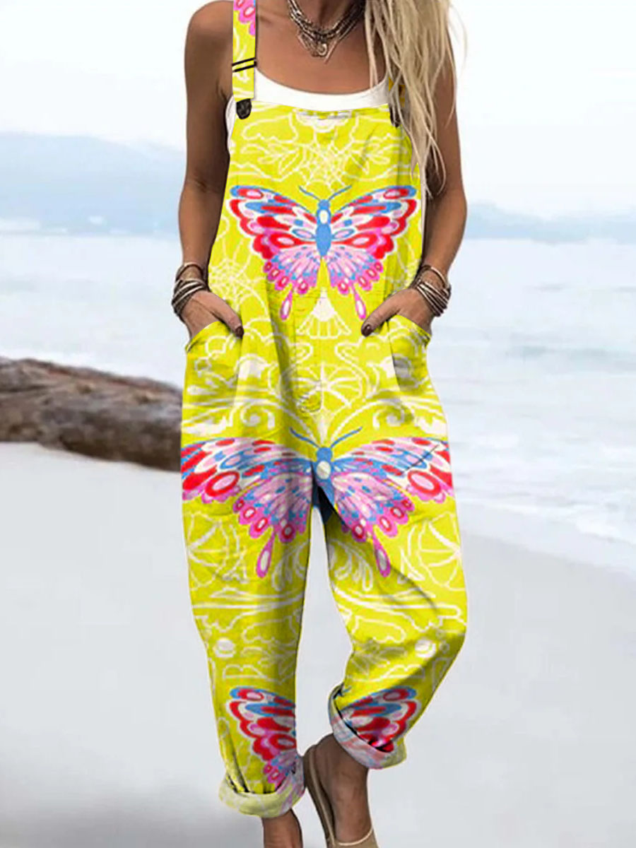 Women's Colourful Art Butterflies Print Casual 100% Cotton Wide Leg Jumpsuit