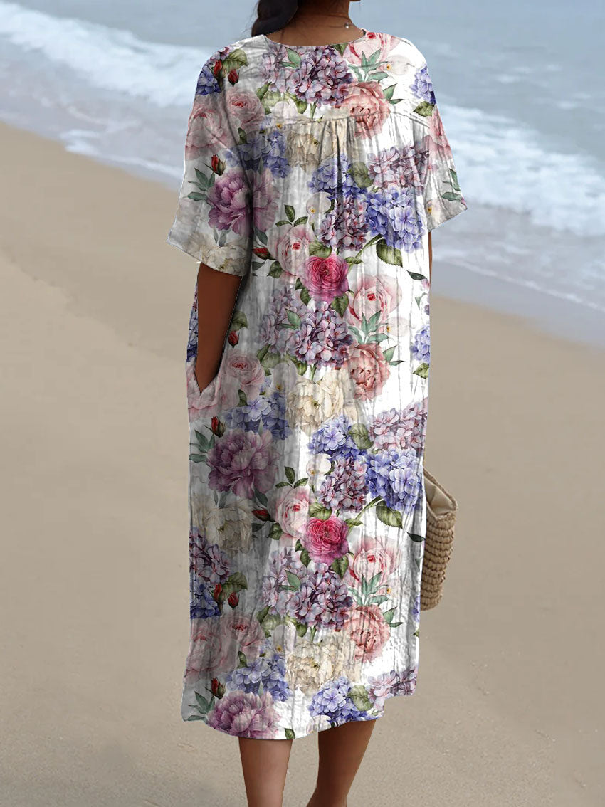 Women's Vintage Lovely Floral Art Print Flowy Cotton Dress