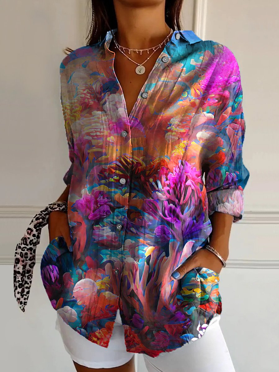 Summer Coral Reef Art Printed Women's Casual Cotton Shirt