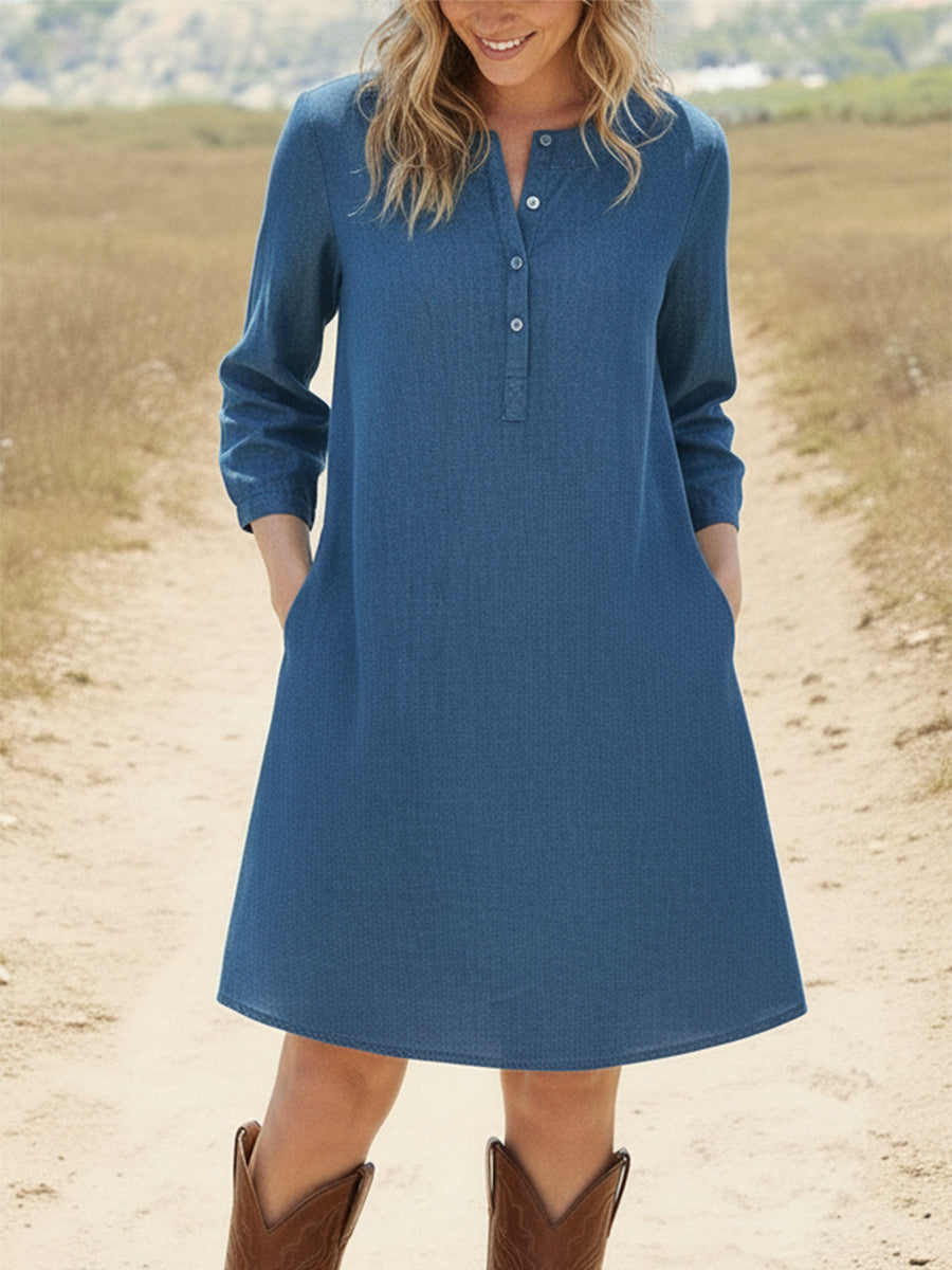 Casual Solid Henley Neck A-Line Cotton Dress