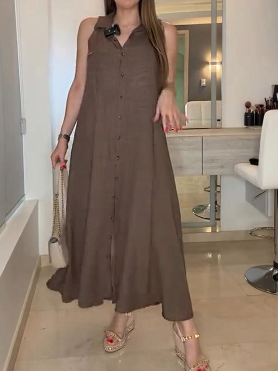 Women's Solid Color Lapel Sleeveless Casual Loose A-Line Cotton and Linen Dress