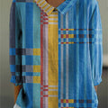 Women's Blue Geometric Color Splicing Print Casual Cotton And Linen 3/4 Sleeve Shirt