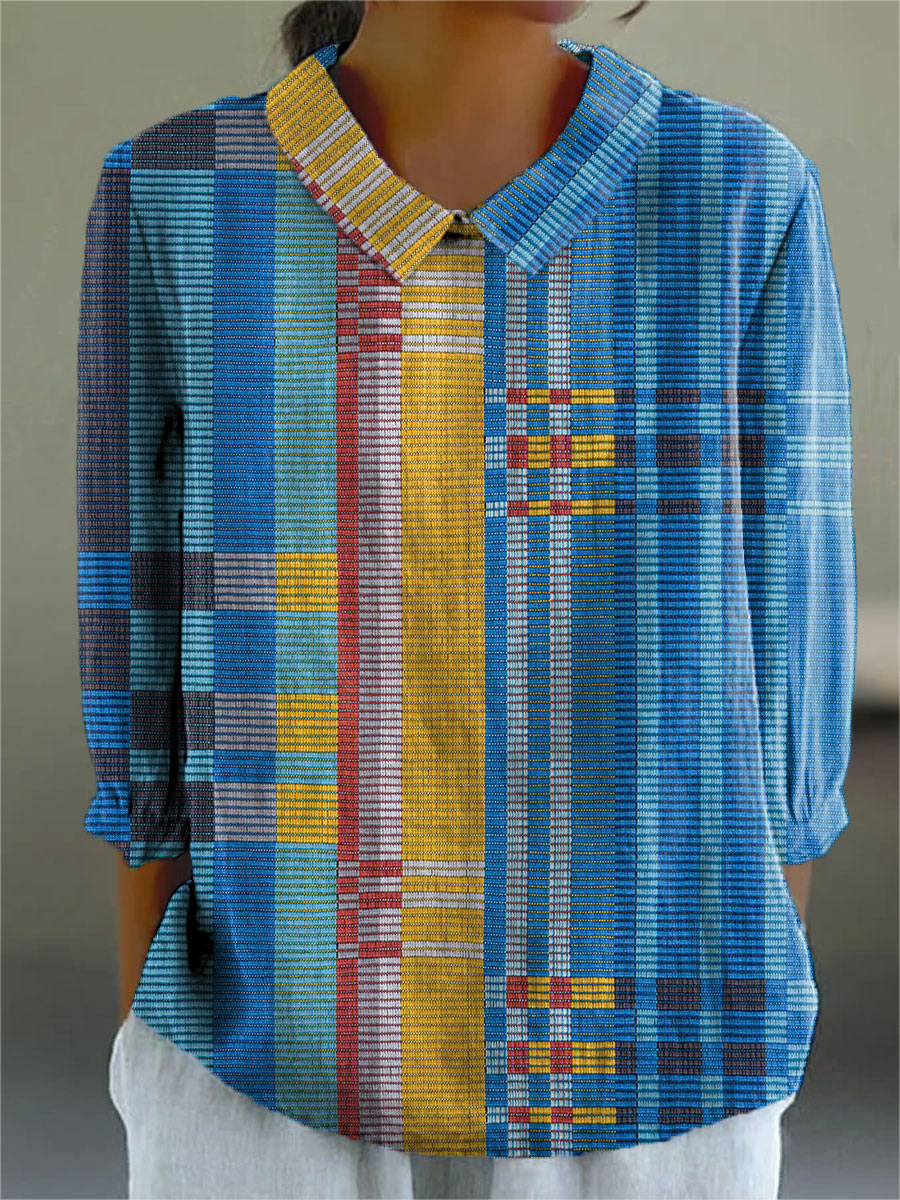 Women's Blue Geometric Color Splicing Print Casual Cotton And Linen 3/4 Sleeve Shirt