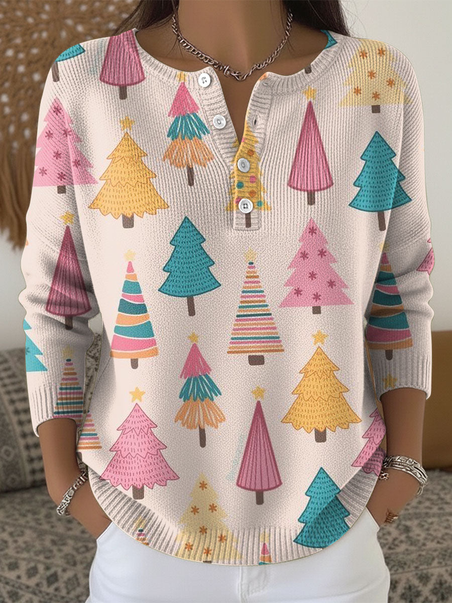 Women's Christmas Trees Pattern Art Print Buttoned Cardigan Sweater