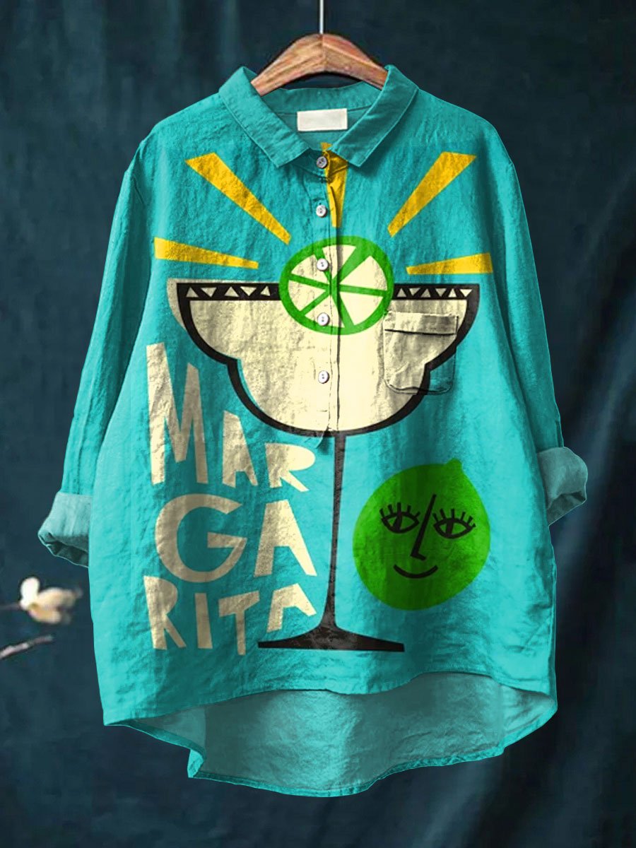Margarita Cocktail Art Printed Women's Casual Cotton And Linen Shirt