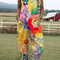 Women's  Vintage Flower Art Print Casual 100% Cotton Wide Leg Jumpsuit