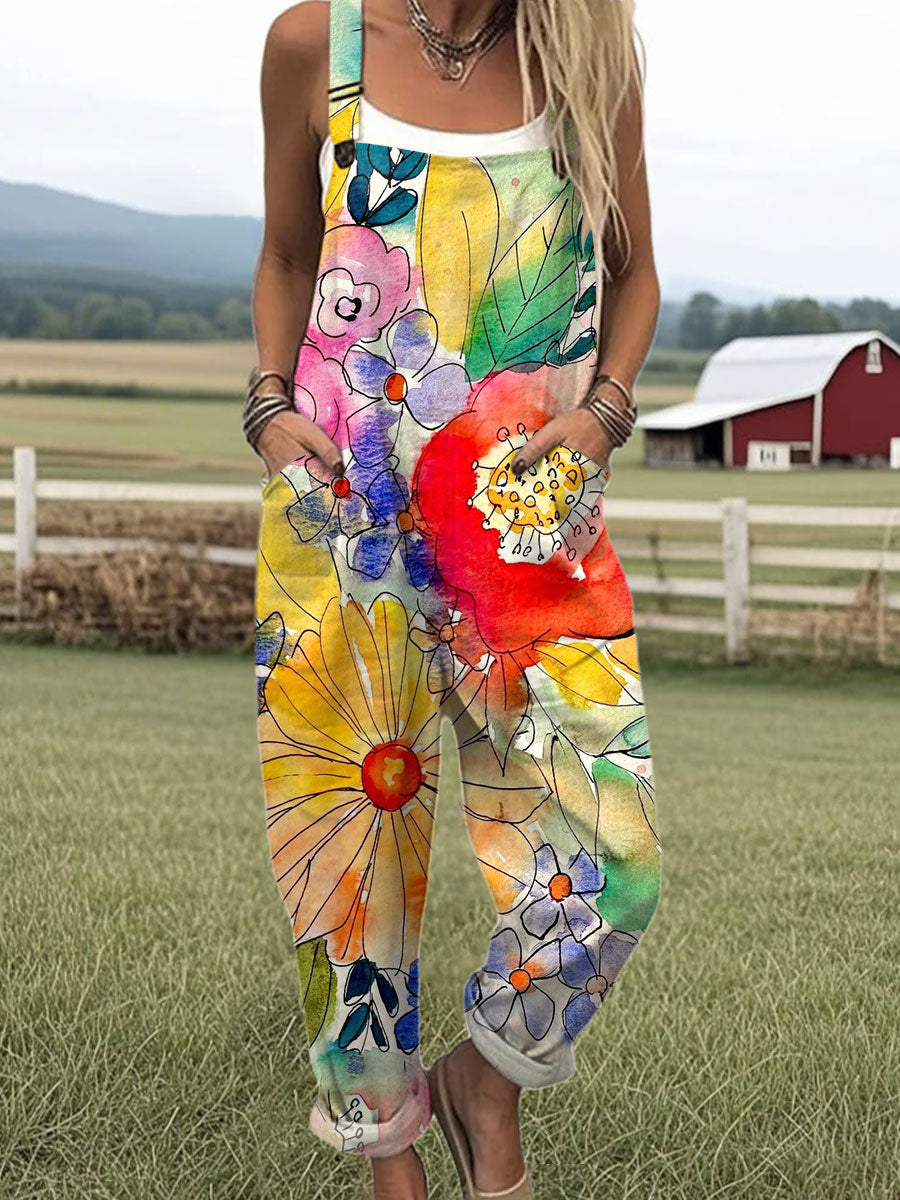 Women's  Vintage Flower Art Print Casual 100% Cotton Wide Leg Jumpsuit