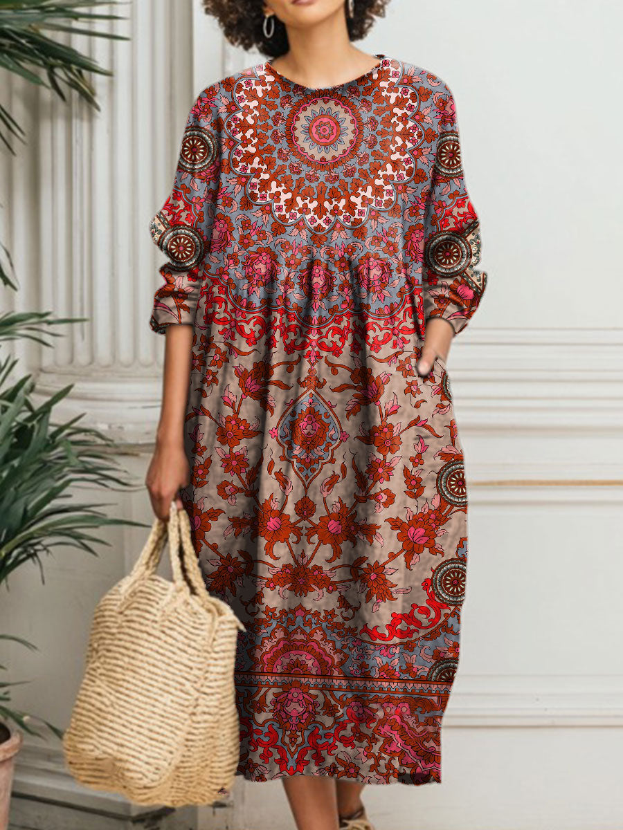 Women's Vintage Flower Art Print Pocket Cotton Dress