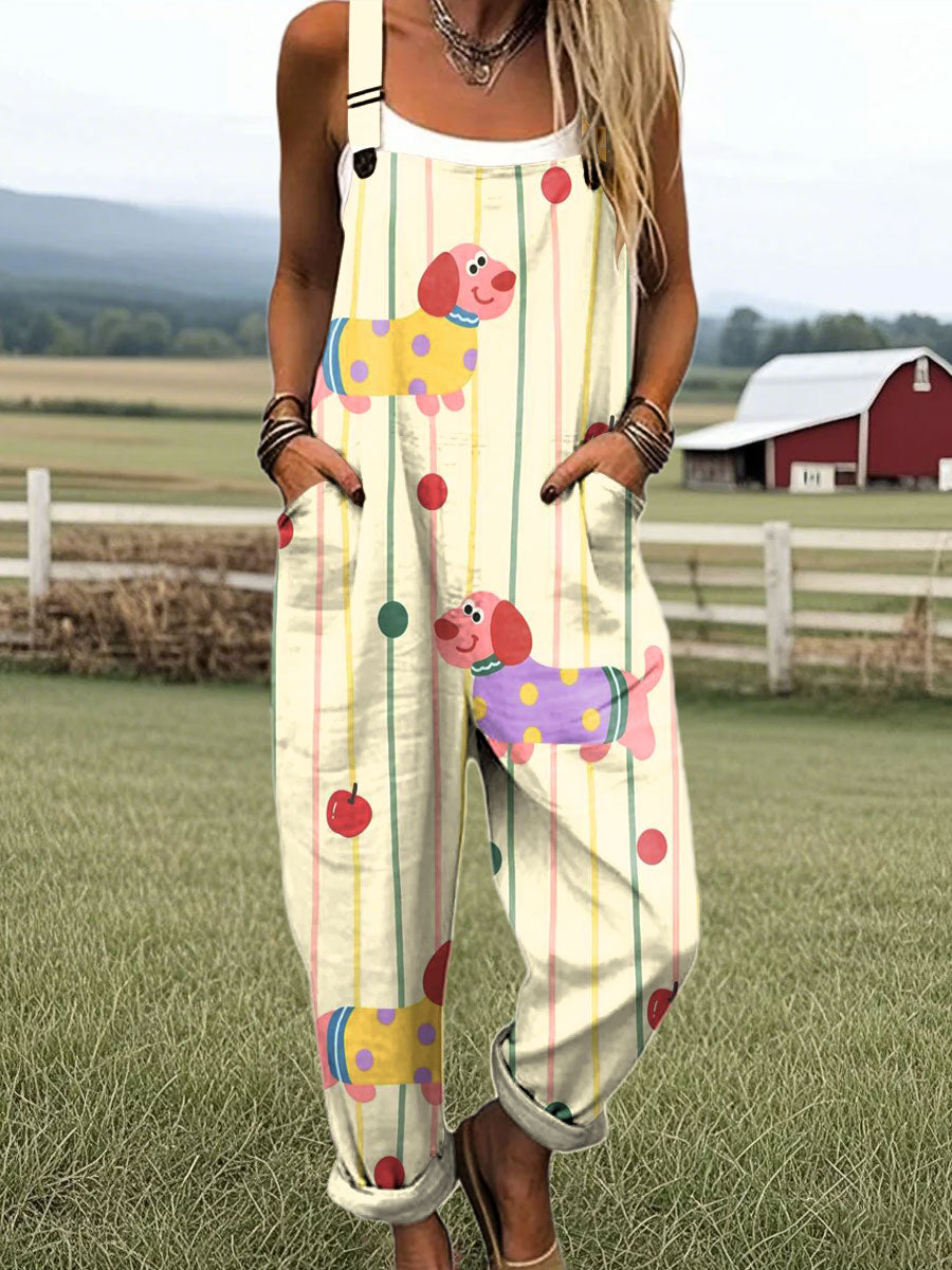 Women's Colorful Puppy Pattern Art Print Casual 100% Cotton Wide Leg Jumpsuit