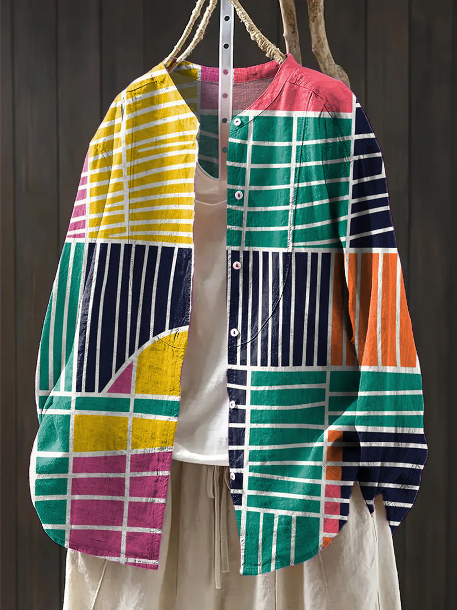 Women's Abstract Colorful Geometric Stripes Painting Art Print Casual Cotton And Linen Shirt