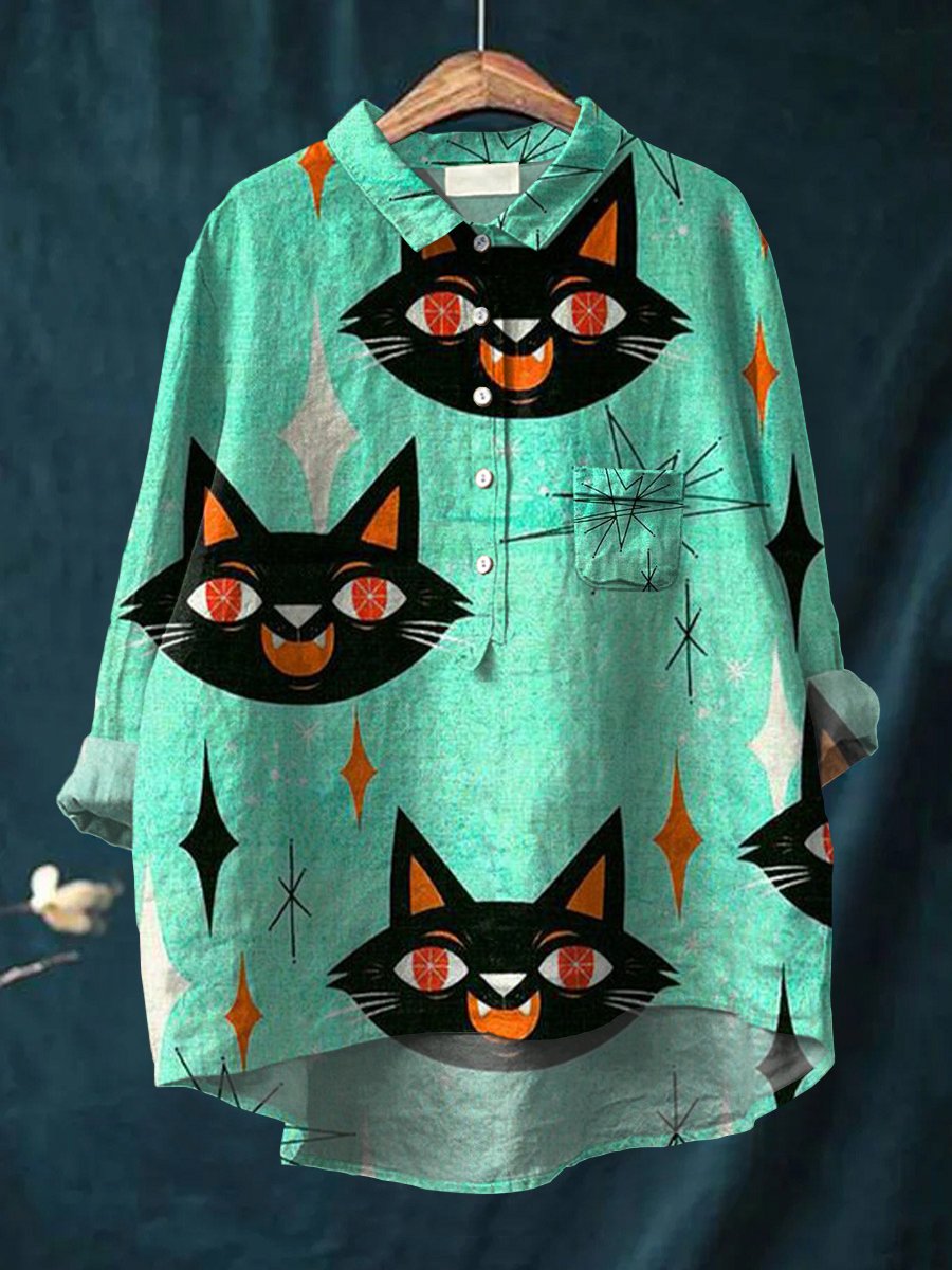 Women's Cat Print Casual Cotton And Linen Shirt