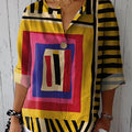Women's Yellow Color-block Abstract Figure Print Casual Cotton Linen Shirt