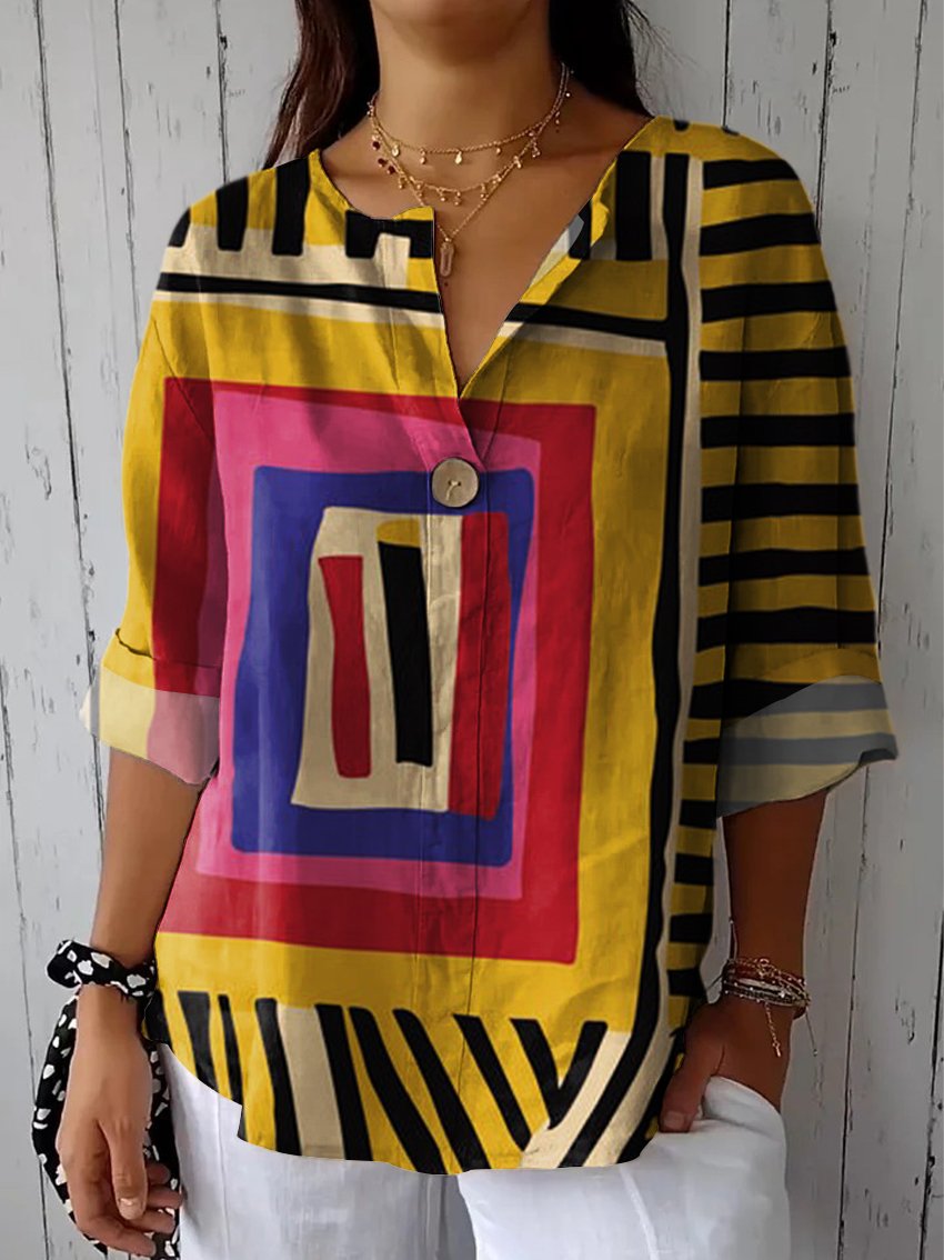 Women's Yellow Color-block Abstract Figure Print Casual Cotton Linen Shirt
