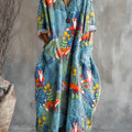 Women's Lovely Woodland Fox Art Pattern Print Pocket V-neck Cotton Dress