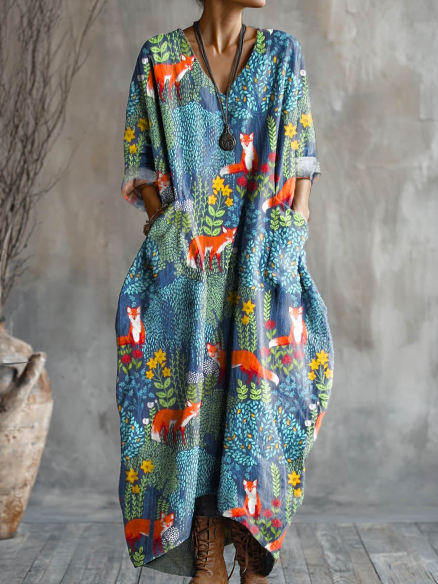 Women's Lovely Woodland Fox Art Pattern Print Pocket V-neck Cotton Dress