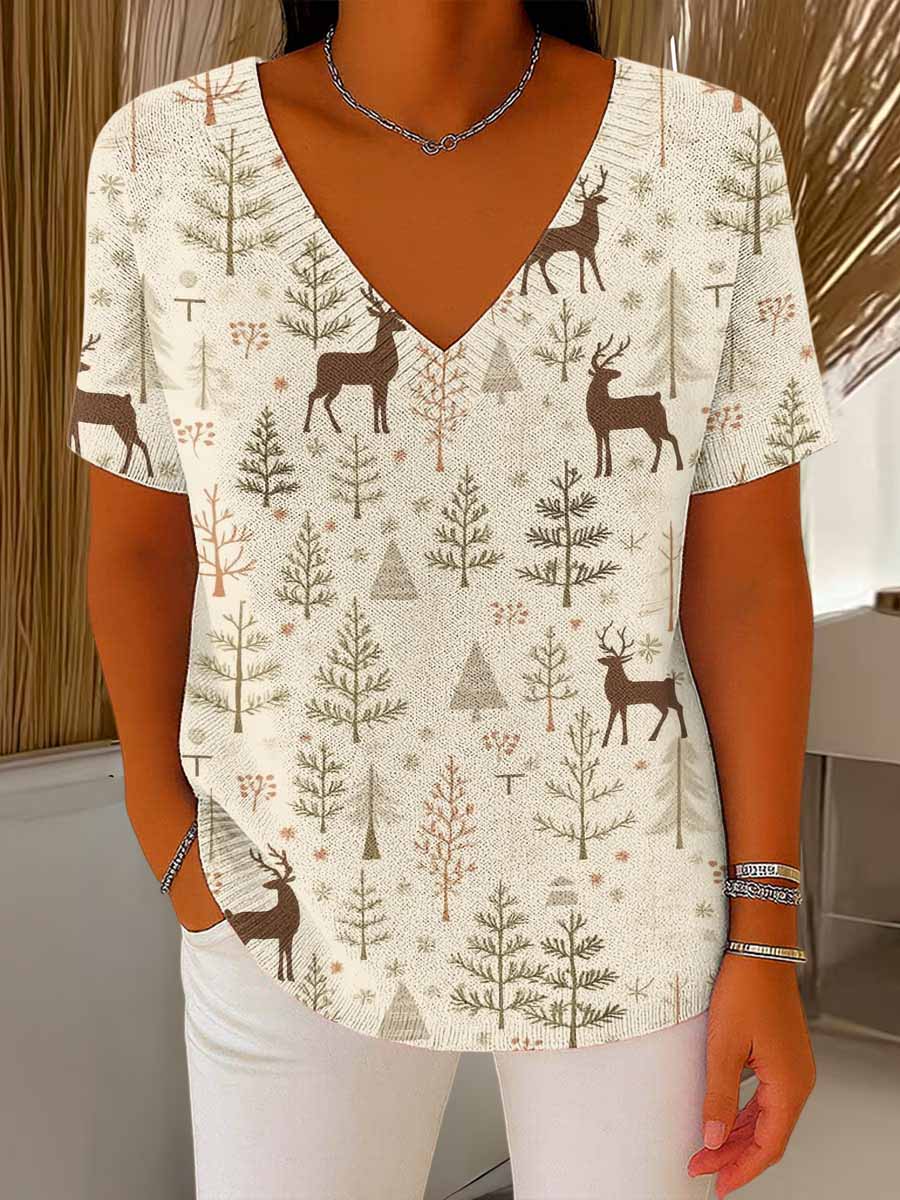 Women's Christmas Graphic Print V-Neck Short Sleeve Casual Loose Pullover Sweater