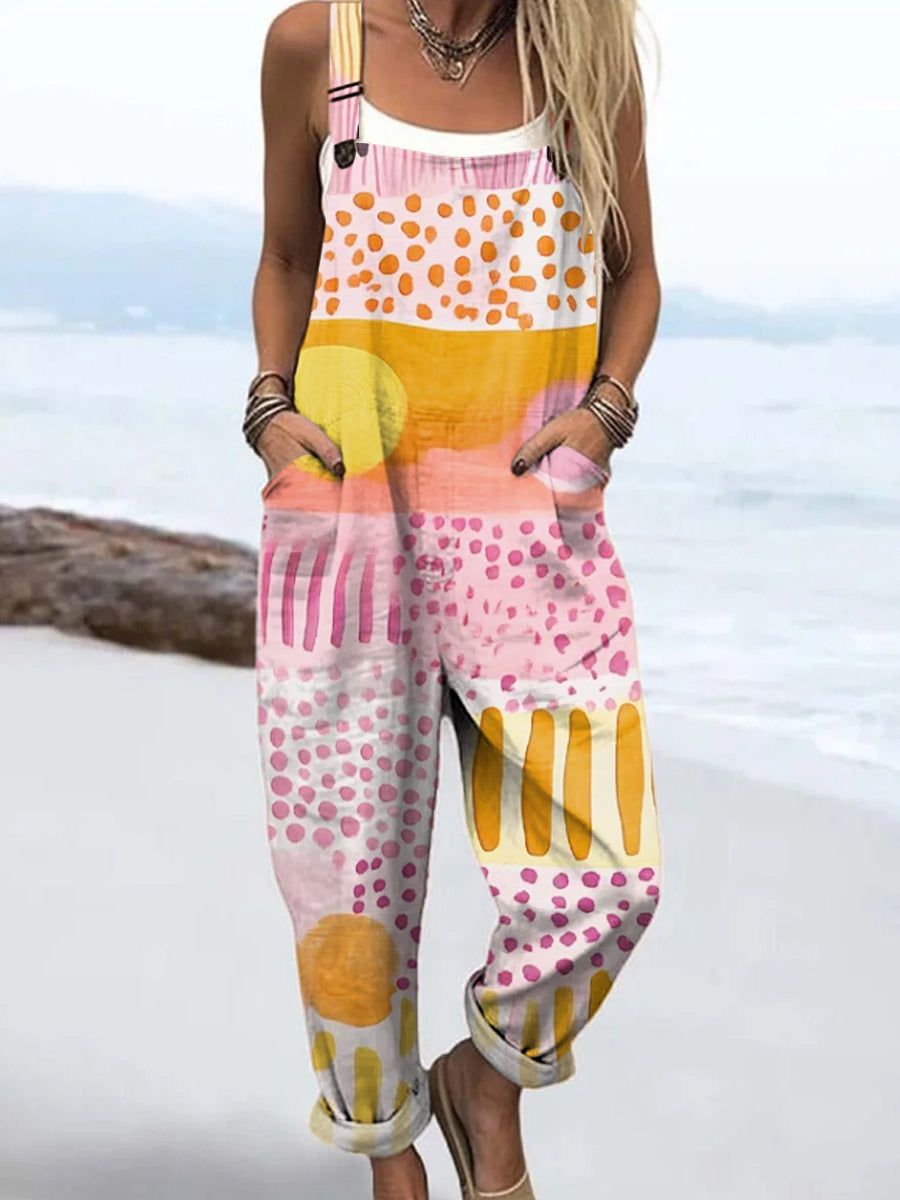 Women's Colourful Art Abstract Geometric Lines Polka Dots Print Casual 100% Cotton Wide Leg Jumpsuit