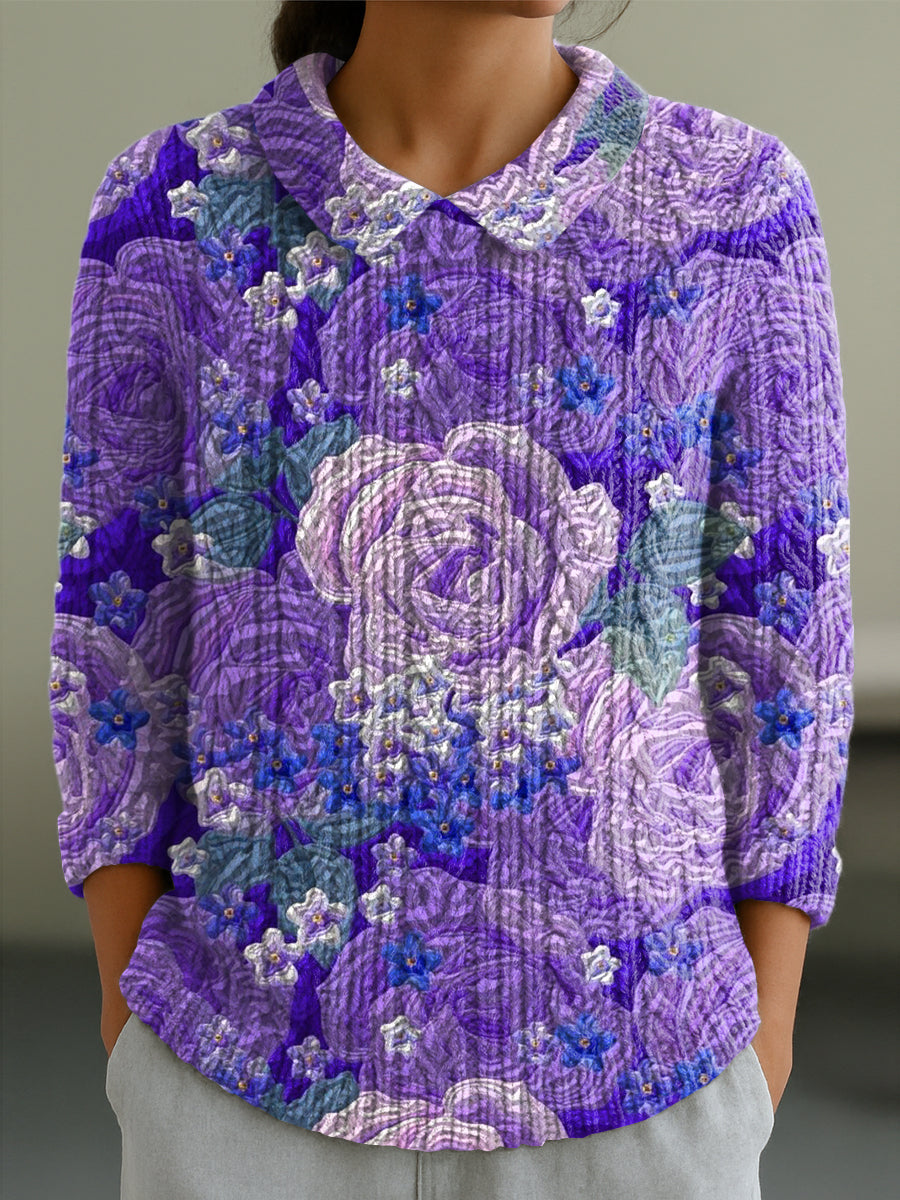 womens-beautiful-large-purple-rose-flower-painting-art-print-casual-peter-pan-collar-3-4-sleeve-sweater
