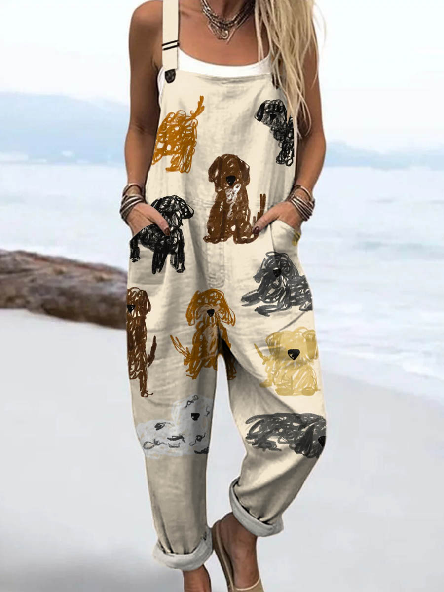 Women's Lovely Dogs Pattern Art Print Casual 100% Cotton Wide Leg Jumpsuit
