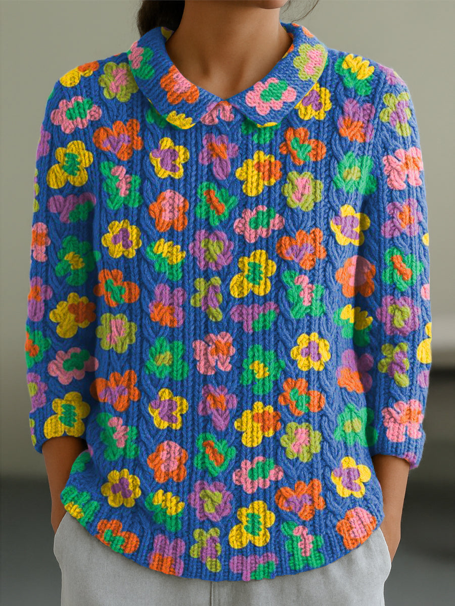 womens-colorful-flowers-painting-art-print-casual-peter-pan-collar-3-4-sleeve-sweater