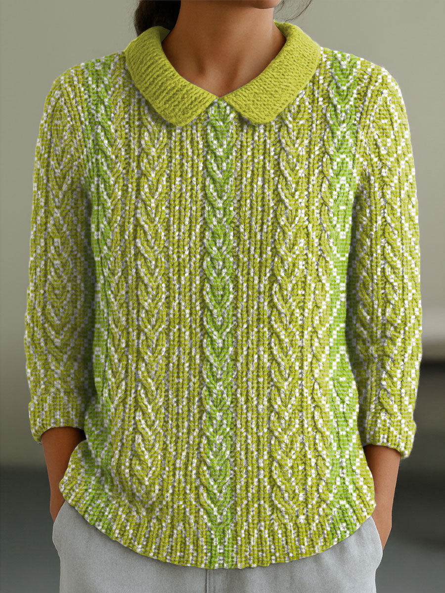 womens-bright-lemon-lime-greens-and-white-casual-peter-pan-collar-3-4-sleeve-sweater