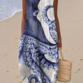 Women's Vintage Octopus Art Print Sleeveless Cotton Pocket Wrap Dress