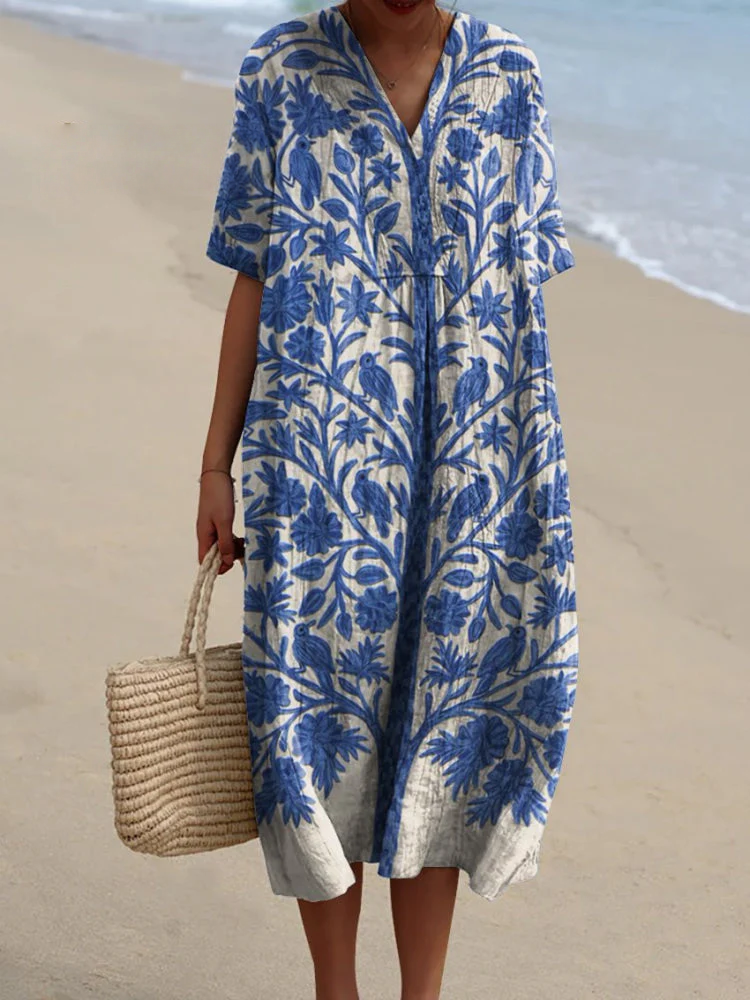 Women's Indian Art Floral Vintage Art Print Flowy Dress