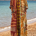 Robe en coton à col en V et poche, imprimée de motifs floraux abstraits vintage à rayures. 