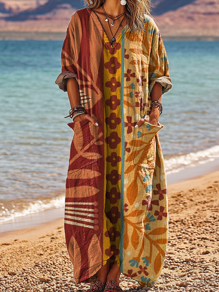 Women's Vintage Abstract Floral Stripe Painting Art Print Pocket V-neck Cotton Dress