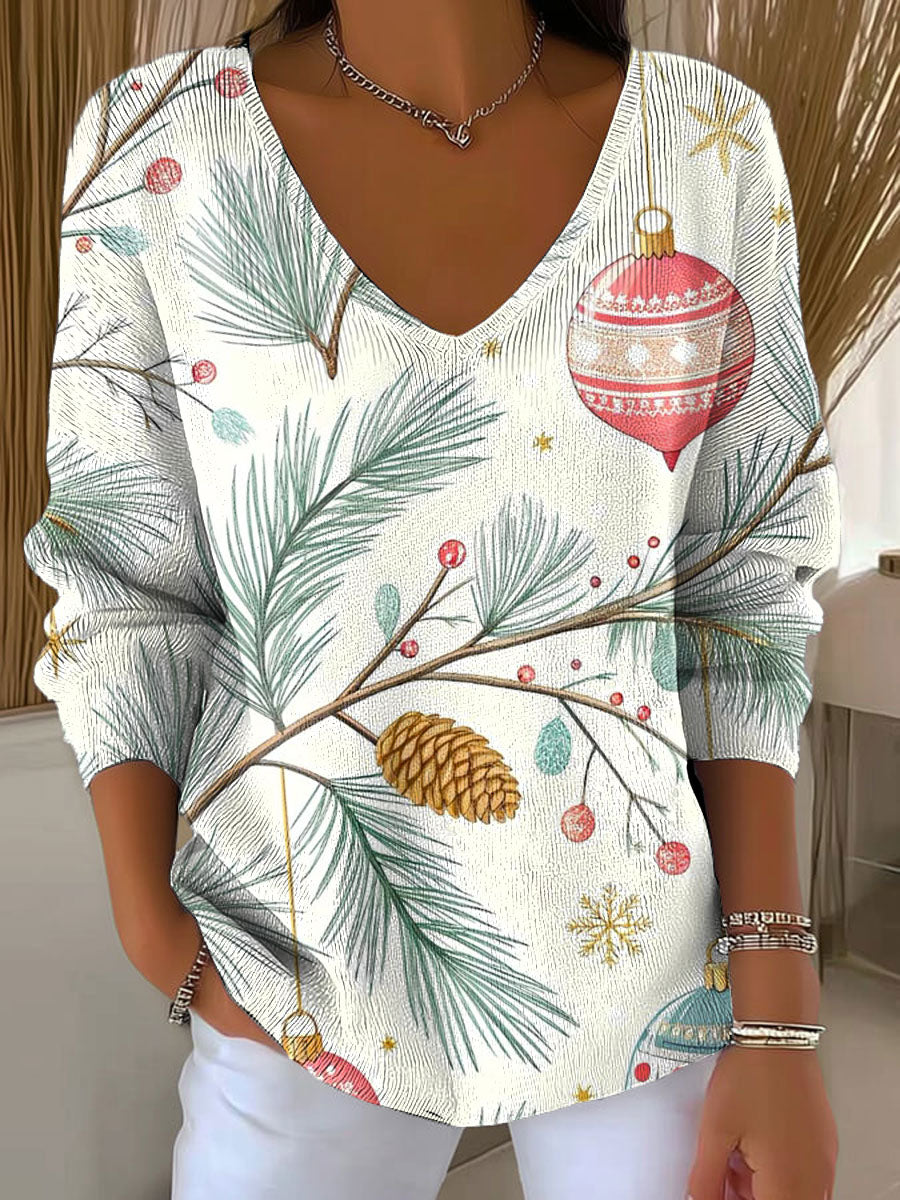 Women's Christmas Balls Tree Pattern Print Casual Pullover Sweater
