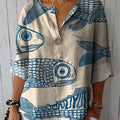 Women's Blue Minimalist Line Fish Casual Cotton Linen Shirt