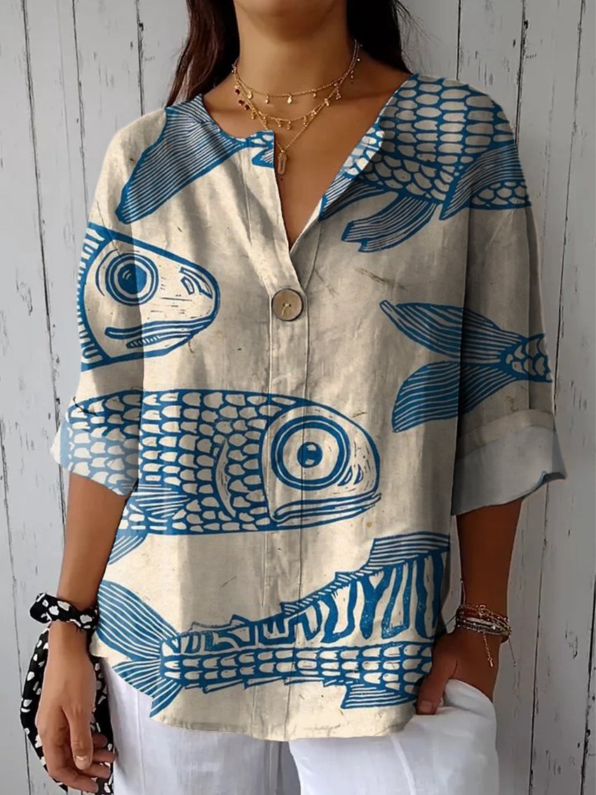 Women's Blue Minimalist Line Fish Casual Cotton Linen Shirt
