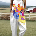 Women's  Vintage  Funny Chicken Art Print Casual 100% Cotton Wide Leg Jumpsuit