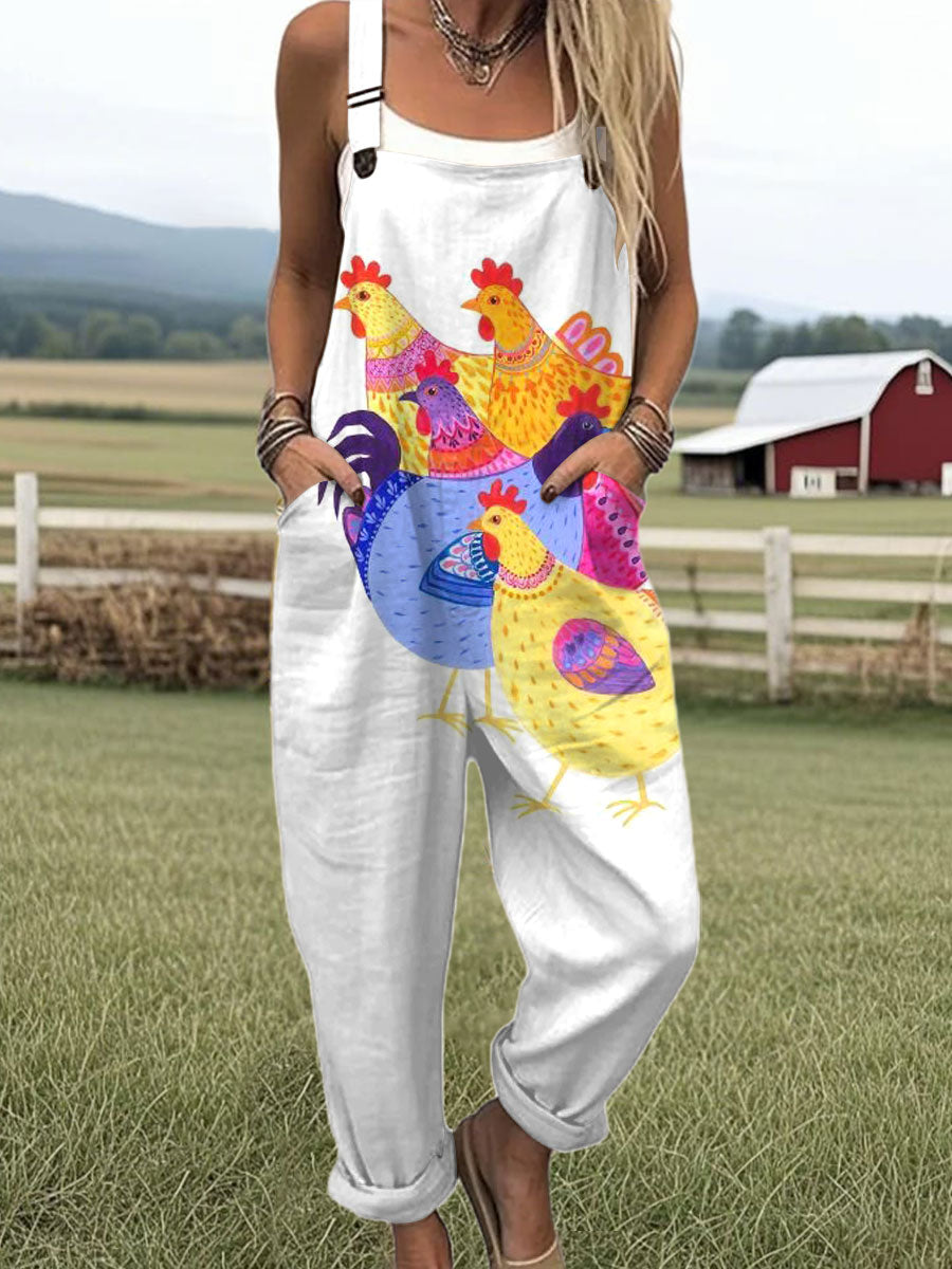 Women's  Vintage  Funny Chicken Art Print Casual 100% Cotton Wide Leg Jumpsuit