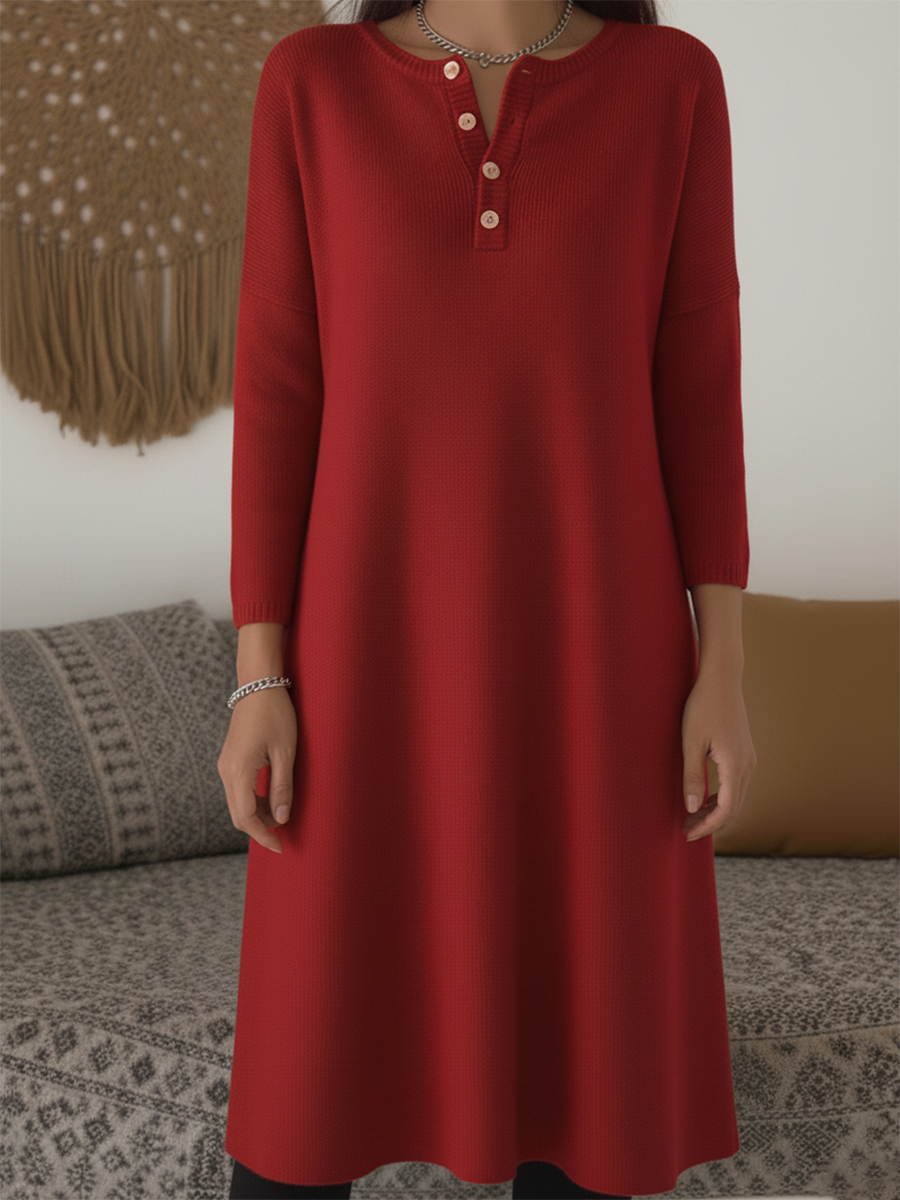 Women's Casual Henley Neck A-line Knitted Midi Dress