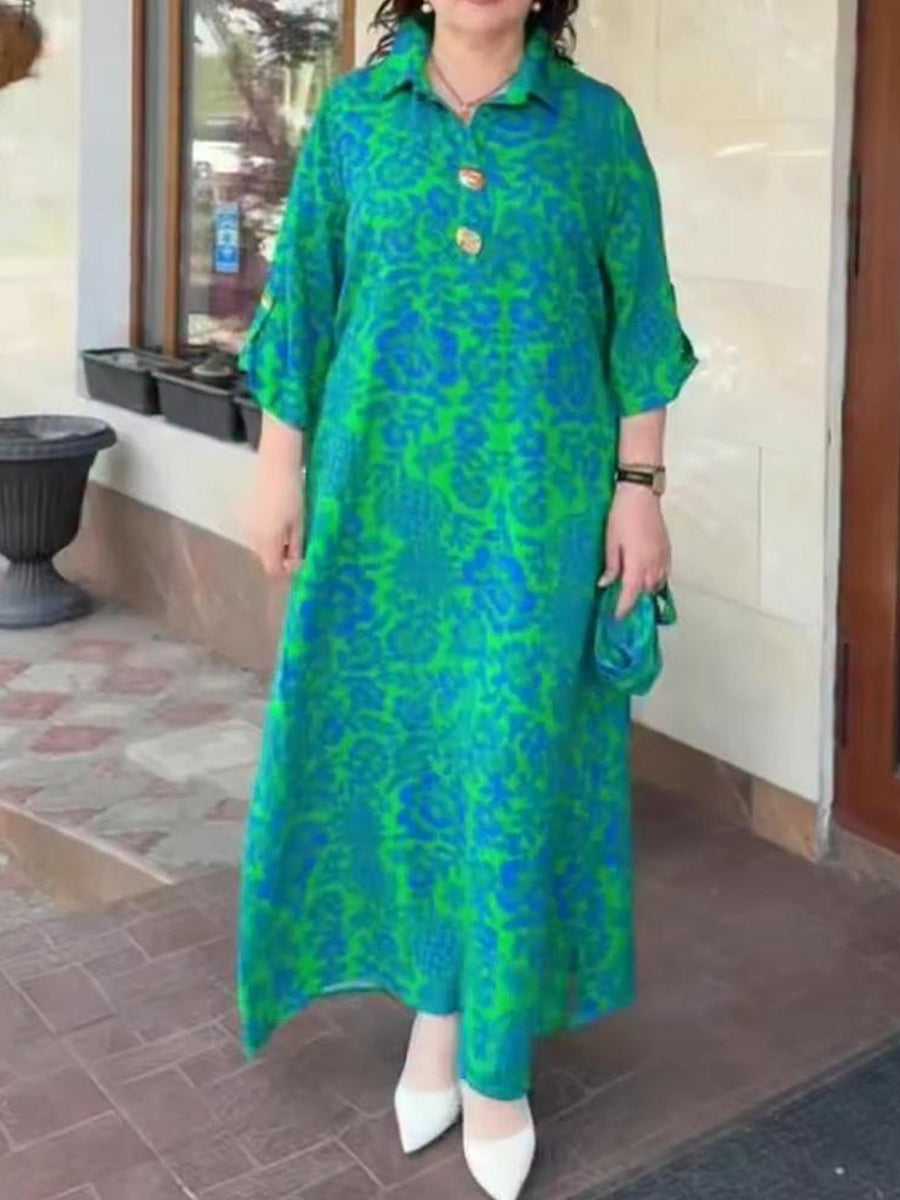 Loose-fitting Printed Dress with Metal Buttons