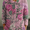 Damen-Vintage-Ethno-Rosen-Blumenmuster-Kunstdruck-Freizeitpullover mit Peter-Pan-Kragen und 3-4-Ärmeln