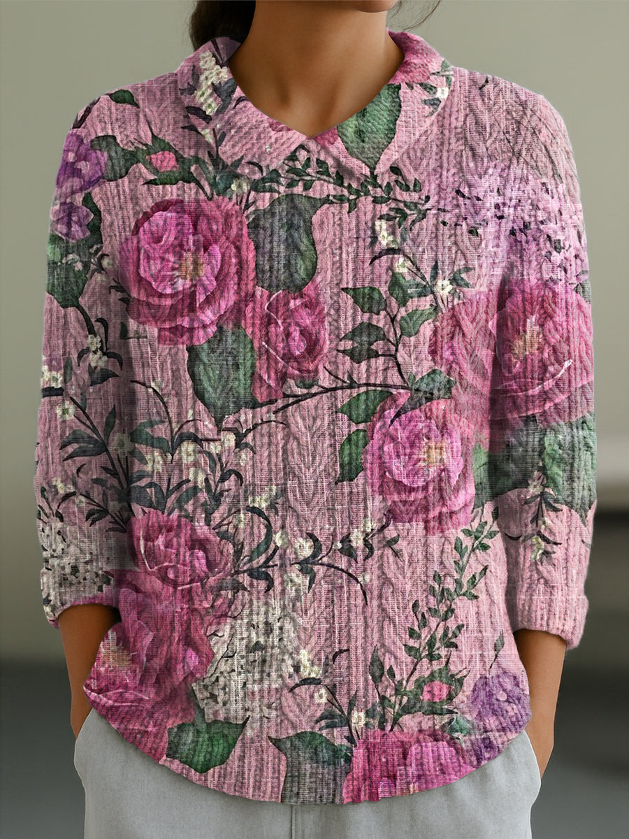 womens-vintage-ethnic-rose-floral-painting-art-print-casual-peter-pan-collar-3-4-sleeve-sweater